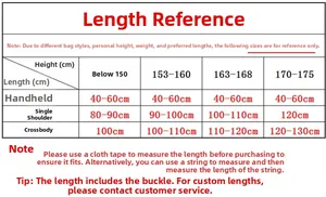 Size guide for metal chain bag straps showing recommended lengths for different heights