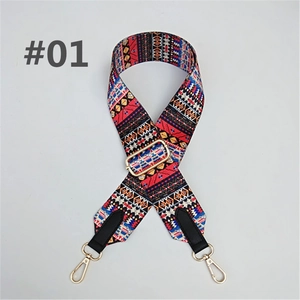Detail of adjustable ethnic style wide strap with colorful geometric pattern and gold clips