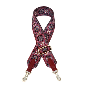Ethnic style colorful wide adjustable shoulder strap with red leather and gold hooks