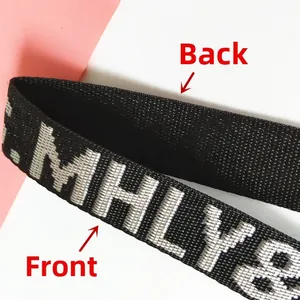 Detail view showing front and back texture of black 2.5cm nylon shoulder strap with MHLY8 text
