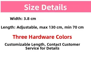 Detailed size chart showing 3.8cm width and 70-130cm adjustable length for the bag strap
