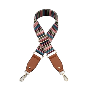Ethnic style adjustable colorful striped bag strap with gold hooks and leather ends