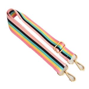 Adjustable colorful striped fabric bag strap with gold metal buckles and lobster clasps
