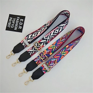 Ethnic style adjustable wide shoulder straps with geometric patterns and gold hooks