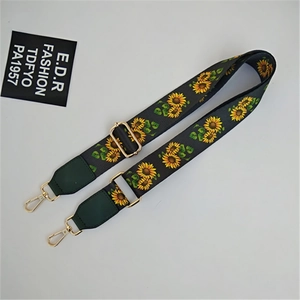 Adjustable wide shoulder strap with sunflower pattern and gold metal lobster clasps