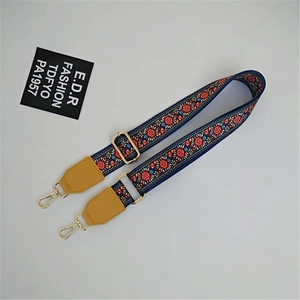 Adjustable ethnic style bag strap with floral embroidery and gold swivel hooks
