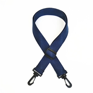 Detail of navy blue cotton replacement strap with durable black plastic swivel hooks