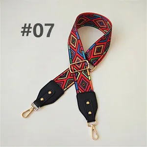 Close-up of ethnic colorful woven bag strap with geometric patterns and gold rivets