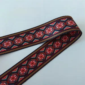 Close-up of ethnic style woven handbag strap with colorful geometric diamond patterns