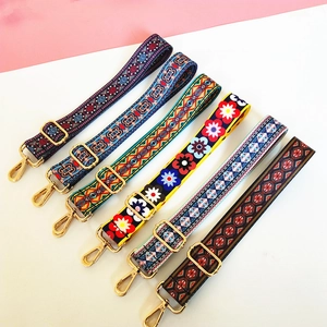 Detailed view of six ethnic geometric and floral 3.8cm wide adjustable bag straps