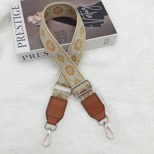 Adjustable wide ethnic embroidery shoulder strap with floral patterns and silver hooks