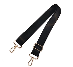 Adjustable black nylon shoulder strap with gold-tone rotating metal hooks and buckles