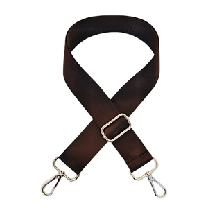Adjustable dark brown nylon shoulder strap with silver metal swivel hooks for handbags