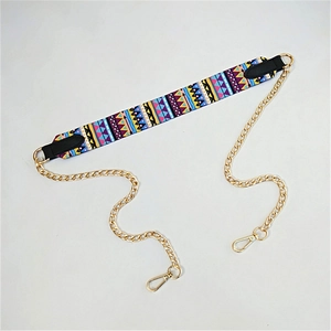Ethnic geometric pattern bag strap with golden metal chains and lobster clasps
