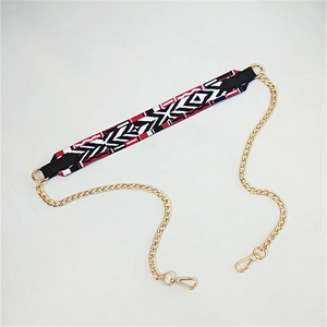 Ethnic geometric pattern shoulder strap with gold chain and black leather for crossbody bags