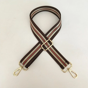 Détail de la bandoulière réglable en nylon avec rayures vert-rouge et crochets dorés