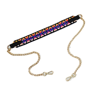 Ethnic woven shoulder strap for handbags with golden metal chain and lobster clasps