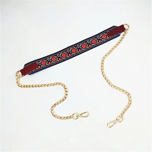 Close-up of ethnic style embroidered replacement strap with red leather and gold chain