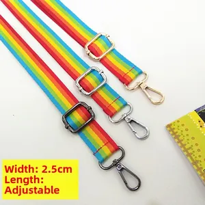 Detail of adjustable rainbow shoulder strap with 2.5cm width and multi-color metal buckles