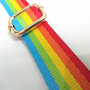 Detail of colorful rainbow strap featuring high-quality gold metal adjustable buckle