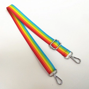Detailed view of adjustable rainbow nylon strap with silver metal swivel lobster clasps