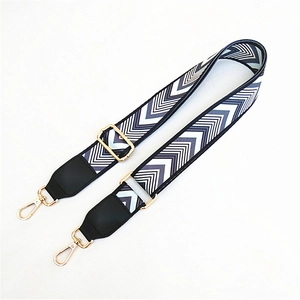 Detail of adjustable gray and white chevron wide strap with gold-tone hardware