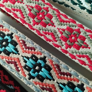 Detail of 5cm ethnic style embroidered bag strap featuring geometric jacquard patterns