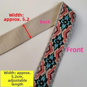 Detail showing front and back of 5cm ethnic embroidery strap with adjustable length buckle
