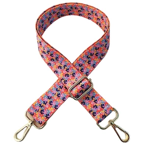 Adjustable wide shoulder strap for handbags with colorful floral pattern and gold hooks