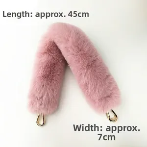 Pink faux fur handbag strap detail with gold metal buckles, size 45cm by 7cm