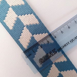 Adjustable wide replacement shoulder strap with blue and white geometric patterns