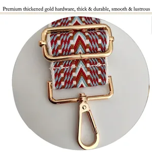 Ethnic style jacquard bag strap with colorful geometric patterns and gold metal buckles