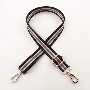 Detail of adjustable woven 2.5cm shoulder strap with green-red stripes and gold clips
