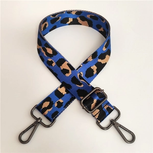 Detail of adjustable blue leopard print nylon strap with black lobster clasps