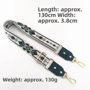 Detail of adjustable woven ethnic bag strap showing 130cm length and geometry pattern
