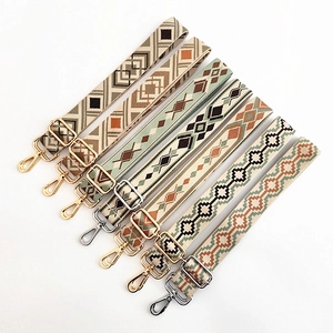Set of seven bohemian style jacquard embroidered canvas bag straps with metal hooks