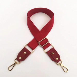 Detail of red canvas shoulder strap with gold lobster clasps and leather reinforcement