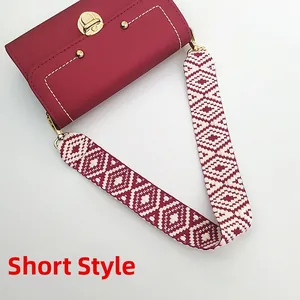 Short wine red leather handbag with ethnic style geometric woven shoulder strap