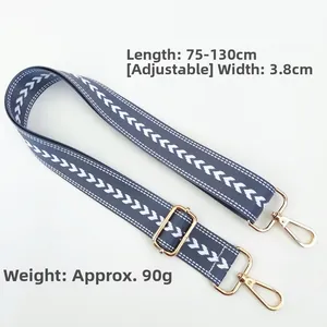 Detail eines 3,8 cm breiten Nylon-Taschenriemens mit graumeliertem V-Muster und Goldclips