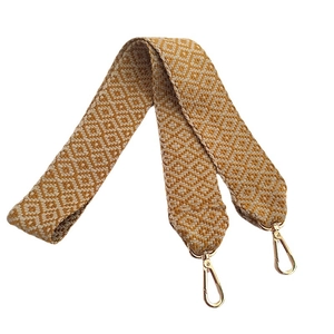 Ethnic mustard yellow geometric woven guitar strap for handbags with gold metal hooks