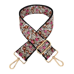 Ethnic wide adjustable replacement shoulder strap with floral embroidery and gold metal hooks