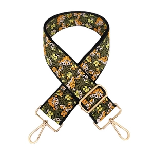 Adjustable wide jacquard bag strap with vintage floral embroidery and gold metal clips