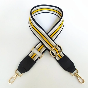 Adjustable colorful striped woven shoulder strap with gold metal hooks and black leather ends