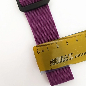 Close-up of 3.8cm purple nylon chest strap with adjustable black plastic buckle