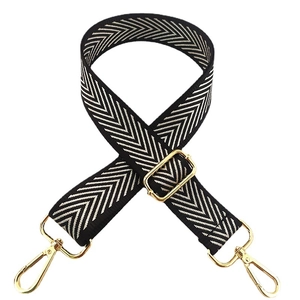 Adjustable black and beige chevron nylon strap with gold metal lobster clasps for bags