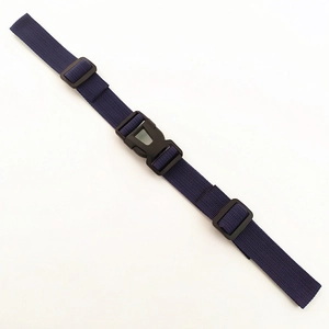 Detail view of adjustable navy blue nylon chest strap with black plastic buckles for backpacks
