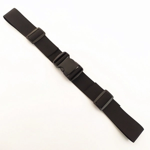 Macro view of adjustable nylon backpack chest strap with quick-release plastic buckle