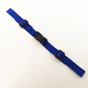 Close-up of adjustable blue nylon chest strap with durable black plastic buckle and sliders