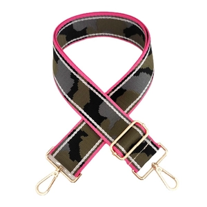 Adjustable camouflage bag strap with pink edges and gold hardware hooks for cross-body bags