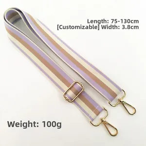 Adjustable 3.8cm wide bag strap with purple stripes and 75-130cm length range